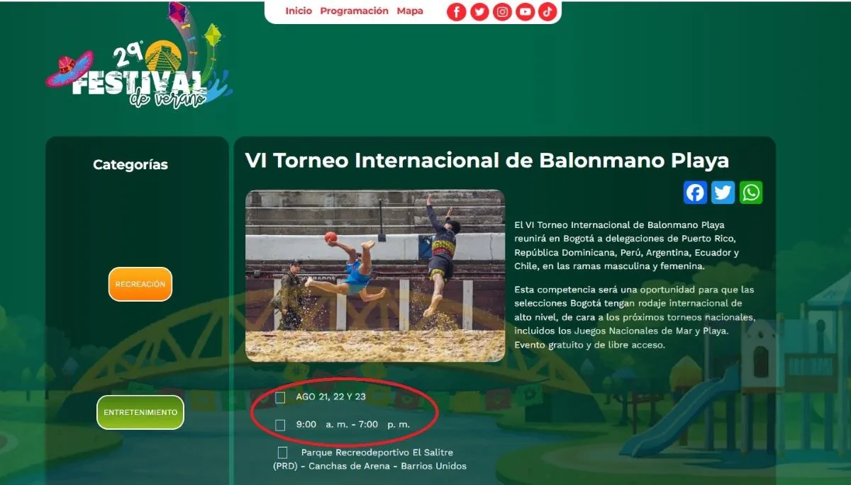 IDRD: Festival de Verano 2026, VI Torneo Internacional de Balonmano Playa
